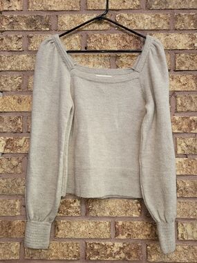 Anthropologie Square-Neck Puff Sleeve Beige Sweater Size Small